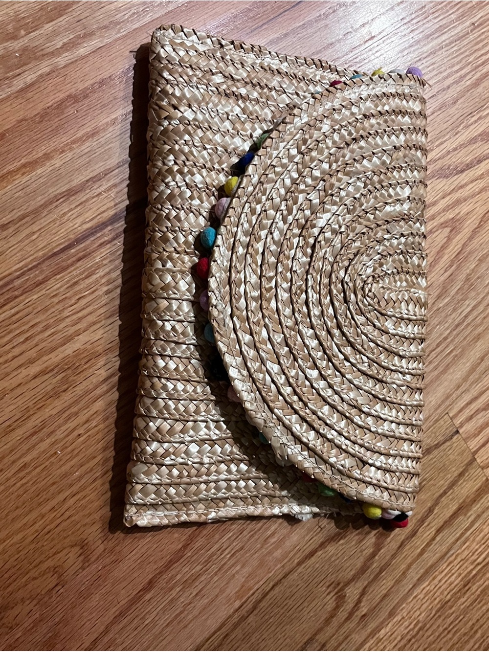 Woven Wheat Straw Clutch with Multicolor Pom Trim